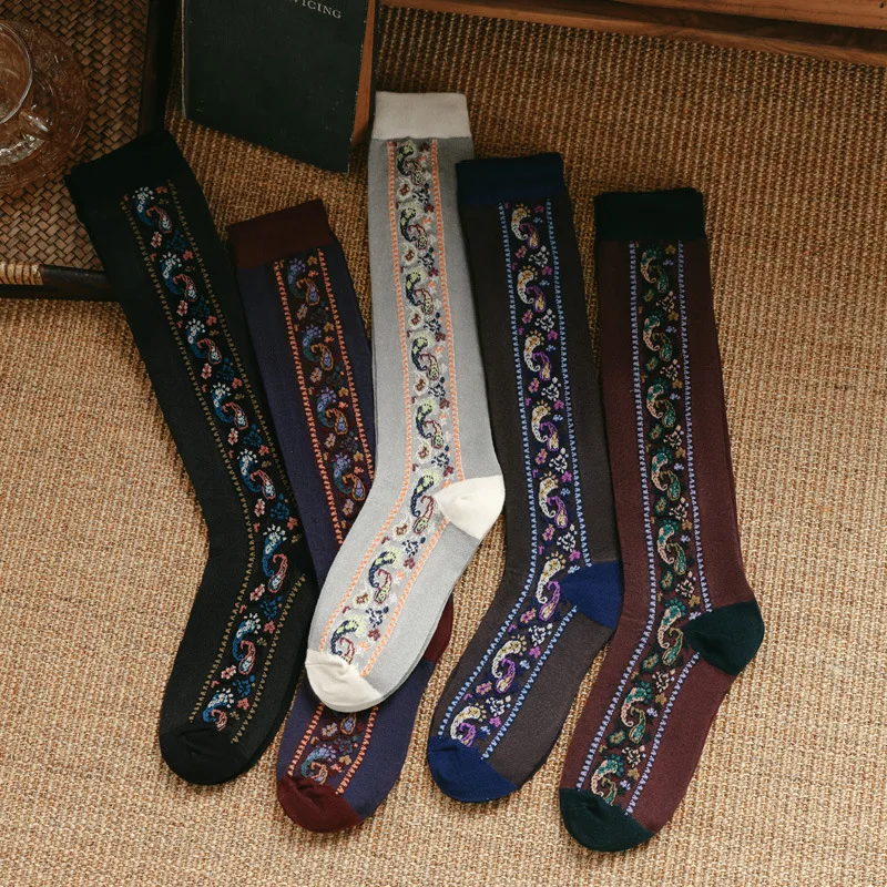 

1/5 pairs Simple comfortable women socks retro ethnic long tube high top women's socks fashionable versatile stacking socks