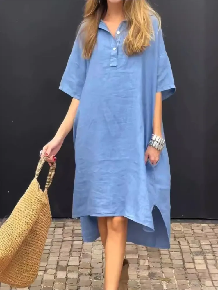 

Простое стильное свободное платье для женщин, весна-лето, модное платье с откидным воротником и пуговицами, платья с короткими рукавами, женские платья трапециевидной формы