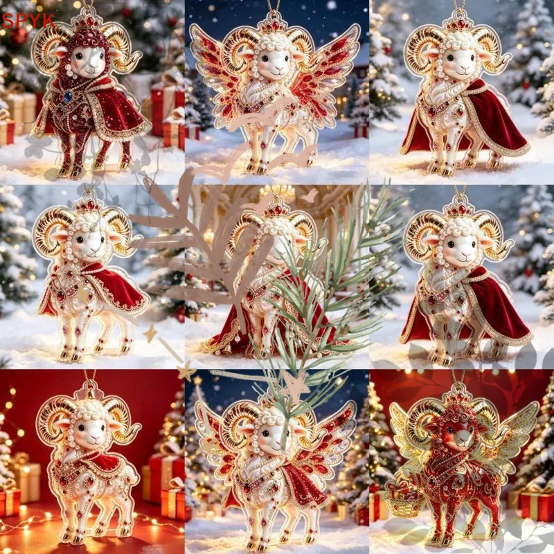 2D Acrylic Zodiac Goat Christmas Tree: Hanging Ornament Auspicious Red Gold Rearview Mirror