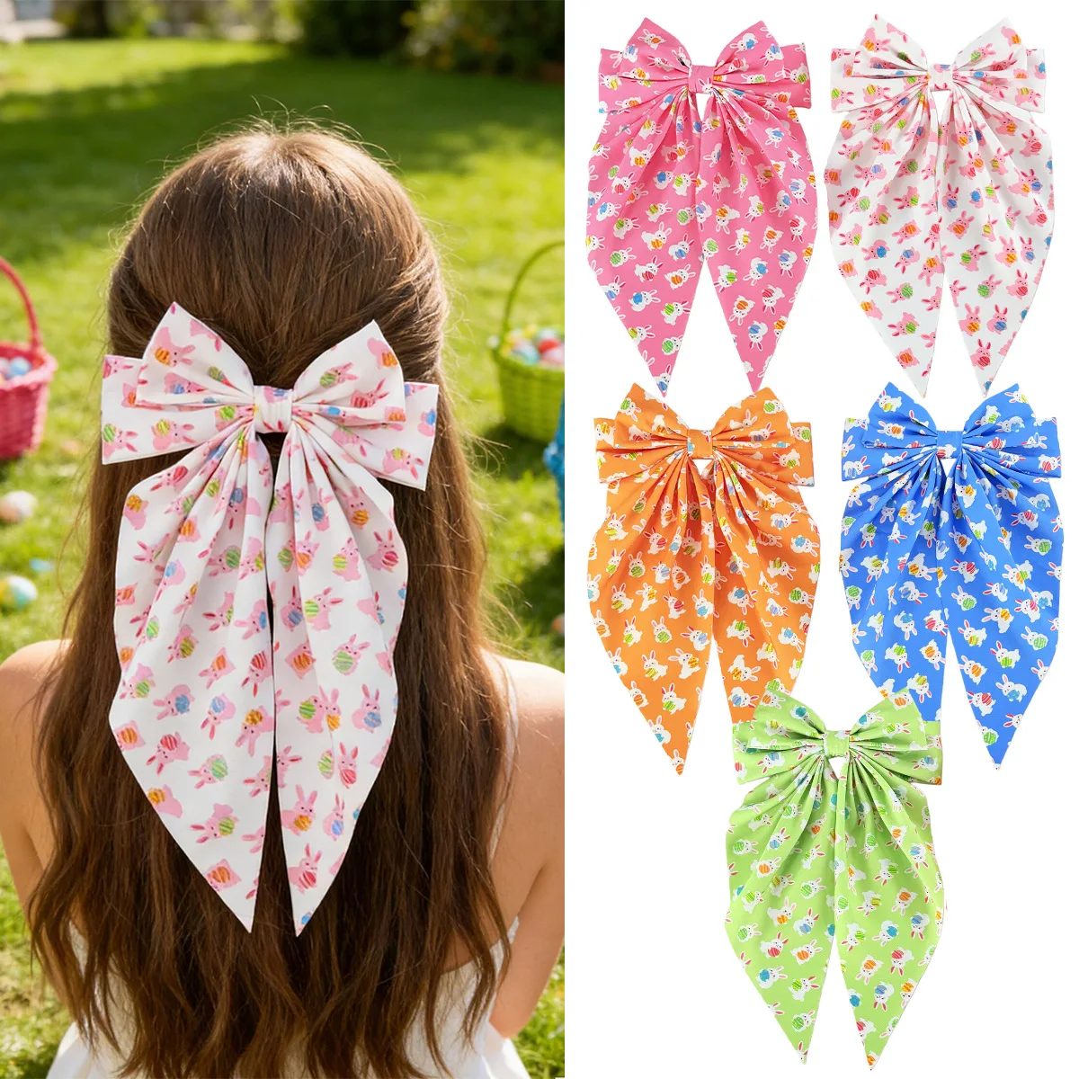 

Ladies Cute Cartoon Rabbit Printed Hairpin with Big Bowknot And Long Ribbon Spring Clip Fashionable Hair Accessory