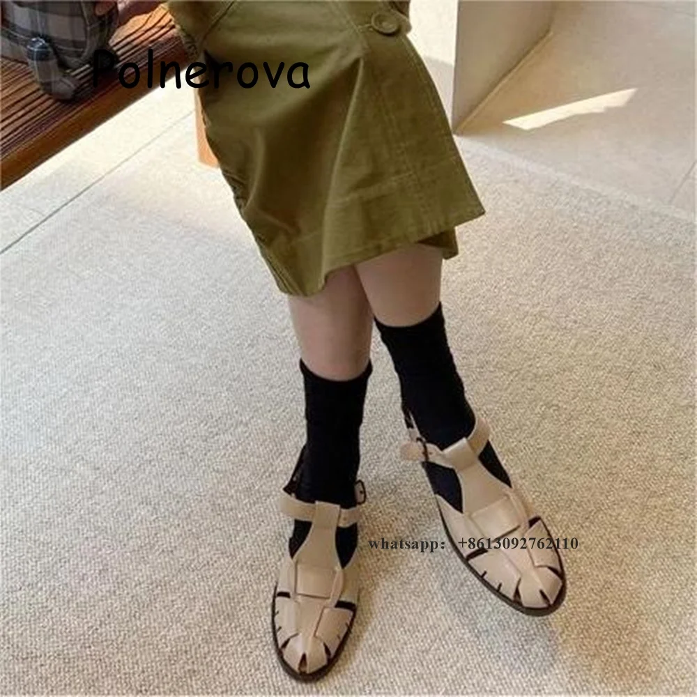 

T-Tied Sandals Knit Flat with Female Shoes Front Rear Strap Metal Buckle Summer Causal Retro Ladies Fashion Roman Mary Jane Shoe