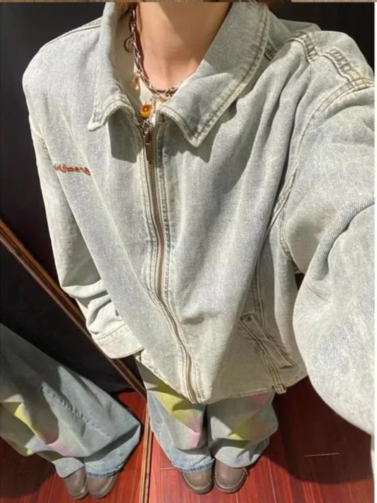 

Vintage Zip-Up Washed-Distressed Denim Jacket Men's Spring Fall Fashion Coat American Cowboy High-Street Casual Outerwear