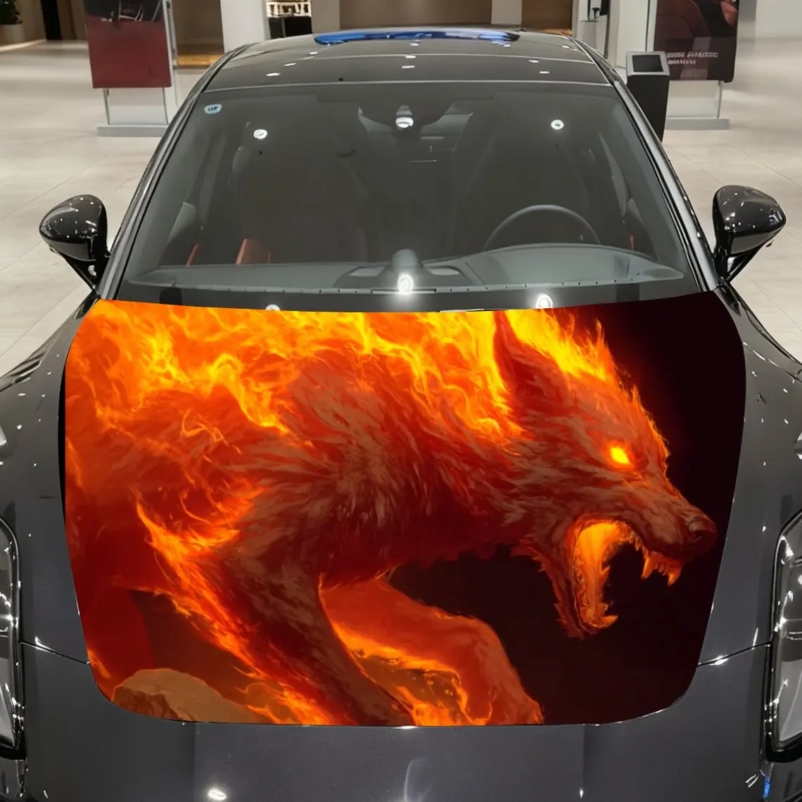 

Blazing Flame Demon Wolf Наклейка на упаковку на капот автомобиля, материал ПВХ, самоклеящаяся водонепроницаемая, противоскользящая краска, декор для внешнего вида автомобиля