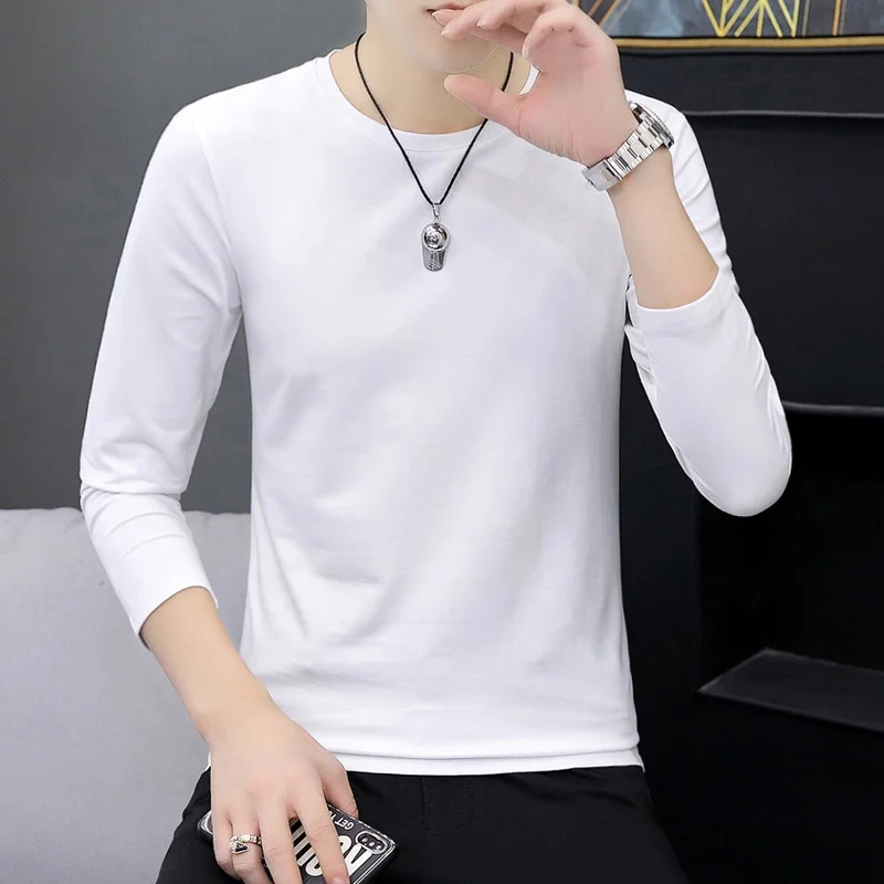 

Мужская белая футболка с длинным рукавом, базовая модель, модная новинка весеннего сезона, свободный крой, смесь хлопка и полиэстера