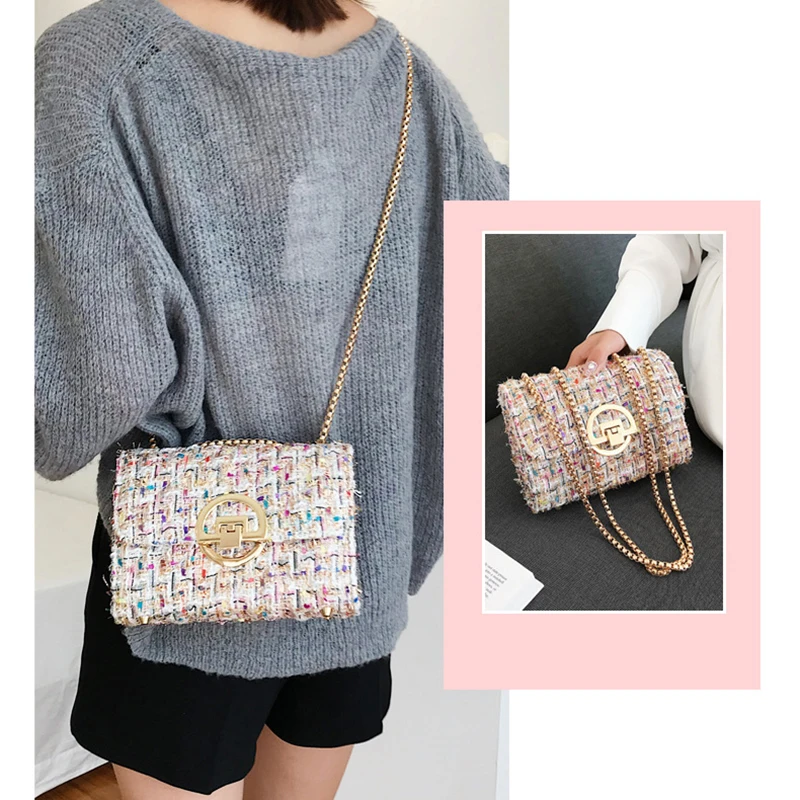 2024 New Luxury Designer Fashion Women\'s Ins Tweed Chain Messenger Bags Hasp Flap Pocket Korean Shoulder Crossbody Totes Handbag