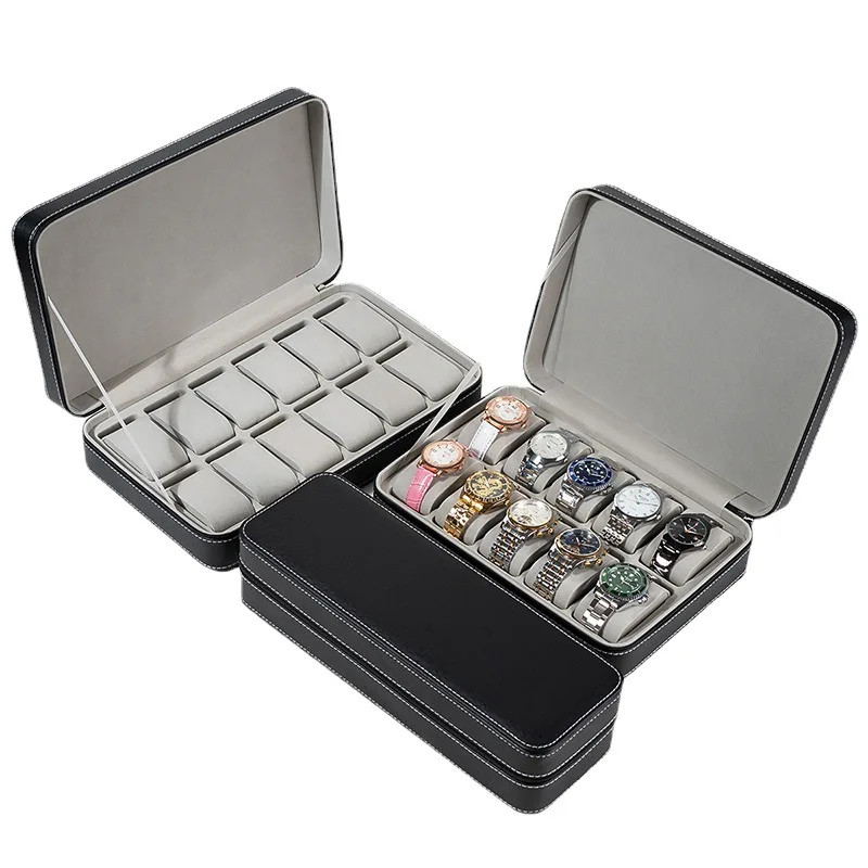 grey-leather-zipper-watch-jewelry-storage-box-organizer-6-10-12u-storage-case-for-home-organization-by-zhuji