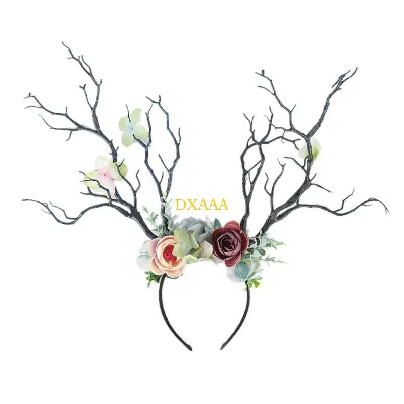 DXAA Christmas Flower Crown Reindeer Hair Hoop Floral Hair Wreath Christmas Headpiece view 3