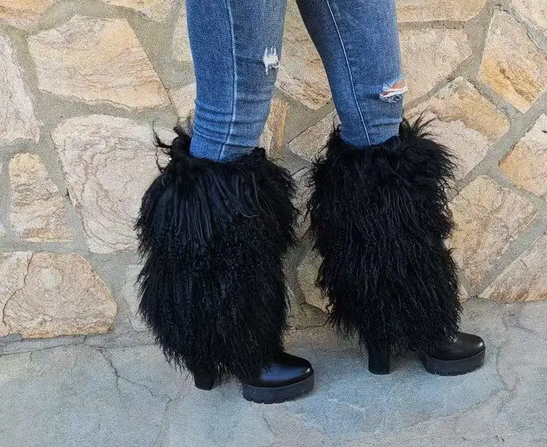 Custimzied size Real Mongolian Fur leg cuffs, leg warmers boot view 2