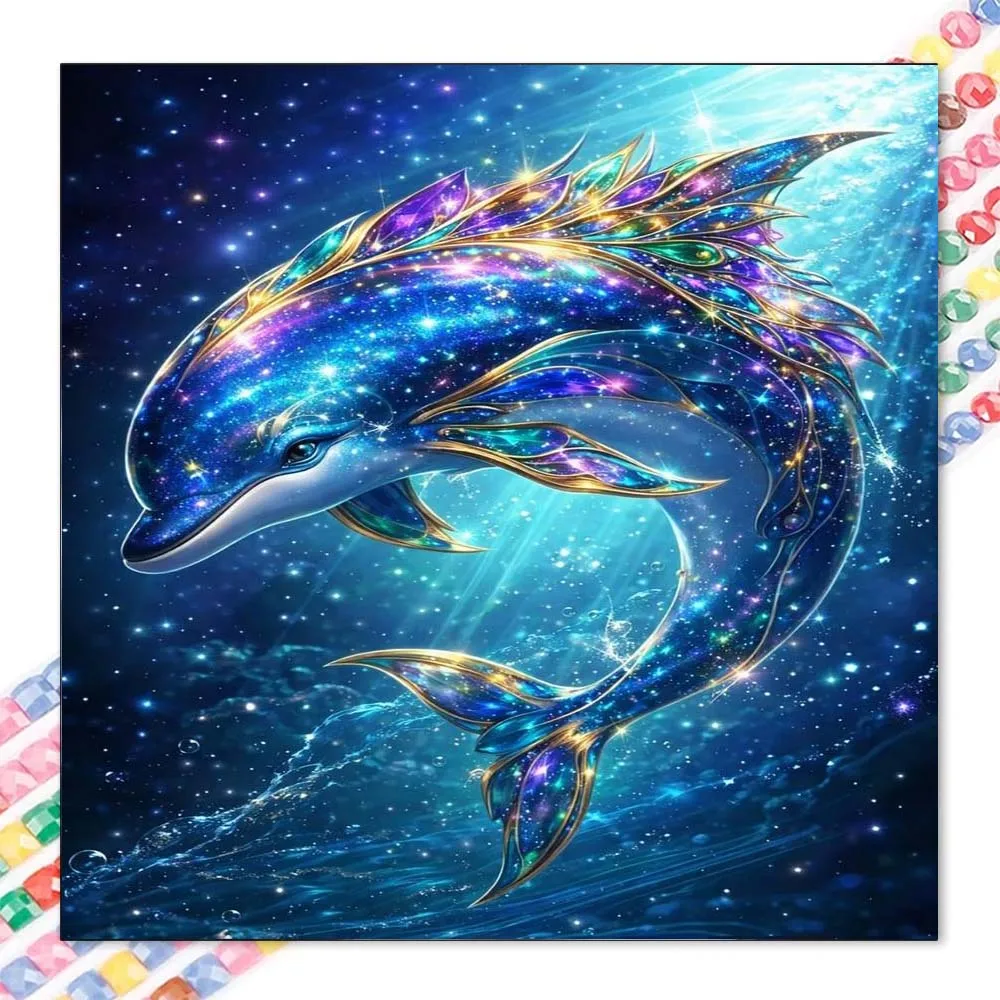 1Pcs, 5D-DIY, Round Diamond Painting Set, Diamond Art, Dolphin, Starry Sky, Ocean, Home Decoration