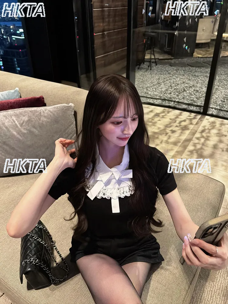 Japanese Harajuku T-shirt Soft Chic Detachable Lace Ribbon Color Block Design Elegant Turn-down Collar Short Sleeve Tshirt Top