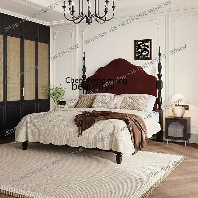 X  Retro, double bed solid wood soft bed high back bed, simple Roman column