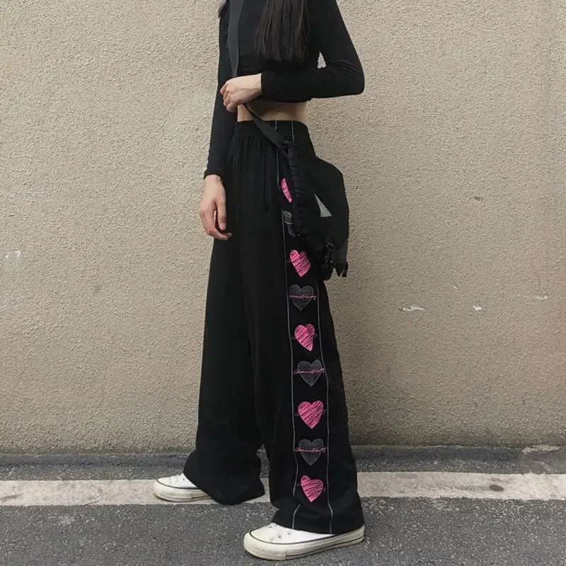 GIDYQ-pantalones de chándal con estampado de corazón para mujer, ropa de calle Y2k, Harajuku, informal, recto, coreano, suelto, cintura elástica, pierna ancha