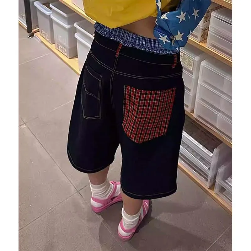 

American Retro Plaid Splicing Baggy Jeans Women Harajuku Y2K Low Waist Wide-leg Cropped Pants Hip-hop Streetwear Cargo Pants