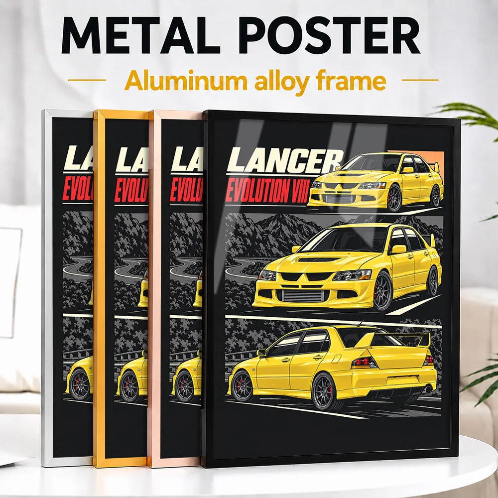 Japanese Lancer Evolution VIII Lightning Yellow Sports Car Framed Metal Print Customized Garage Legacy Wall Art For Home Office