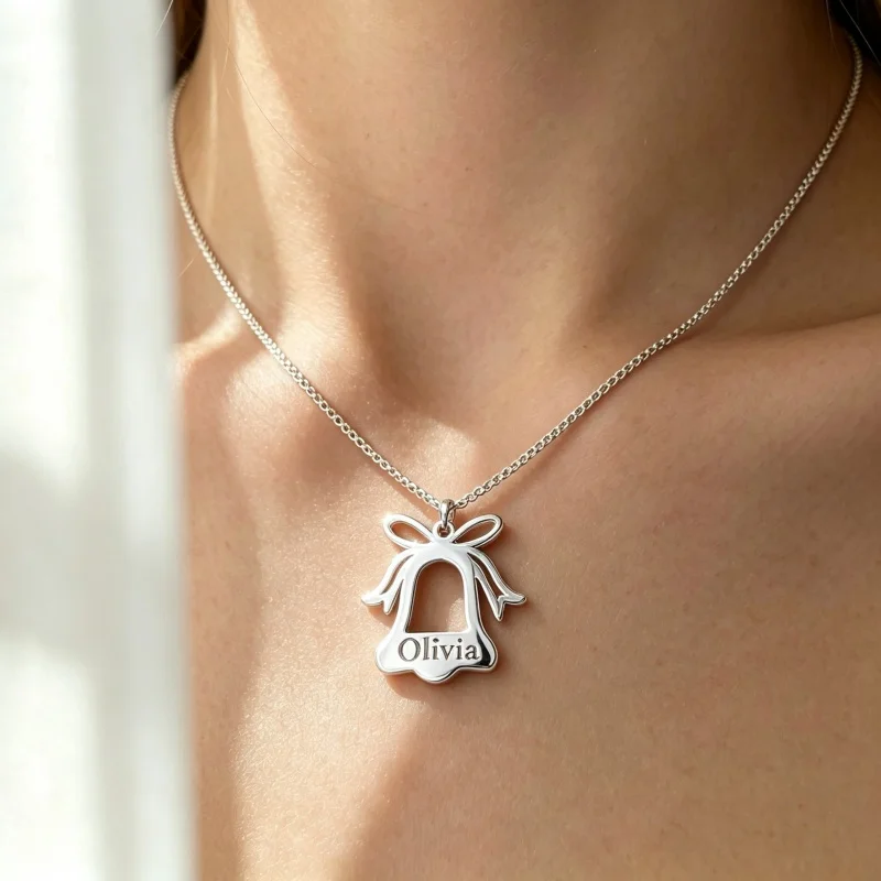 Custom Bell Shape Name Necklace for Women Personalized Bow Nameplate Pendant Stainless Steel Holiday Jewelry Gift