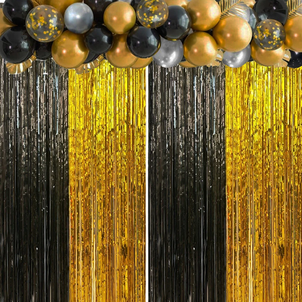 Black Gold Party Decoration 4-pack Aluminum Foil Tassel Curtains Rain Silk Curtains Birthday Makeup Ball Gatsby themed Party Dec