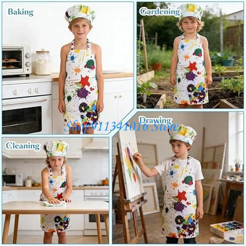  Children Art Smock And Cook Hat Set Double Layer Polyester Kitchen Art Drawing Apron For Water Resistant Protections