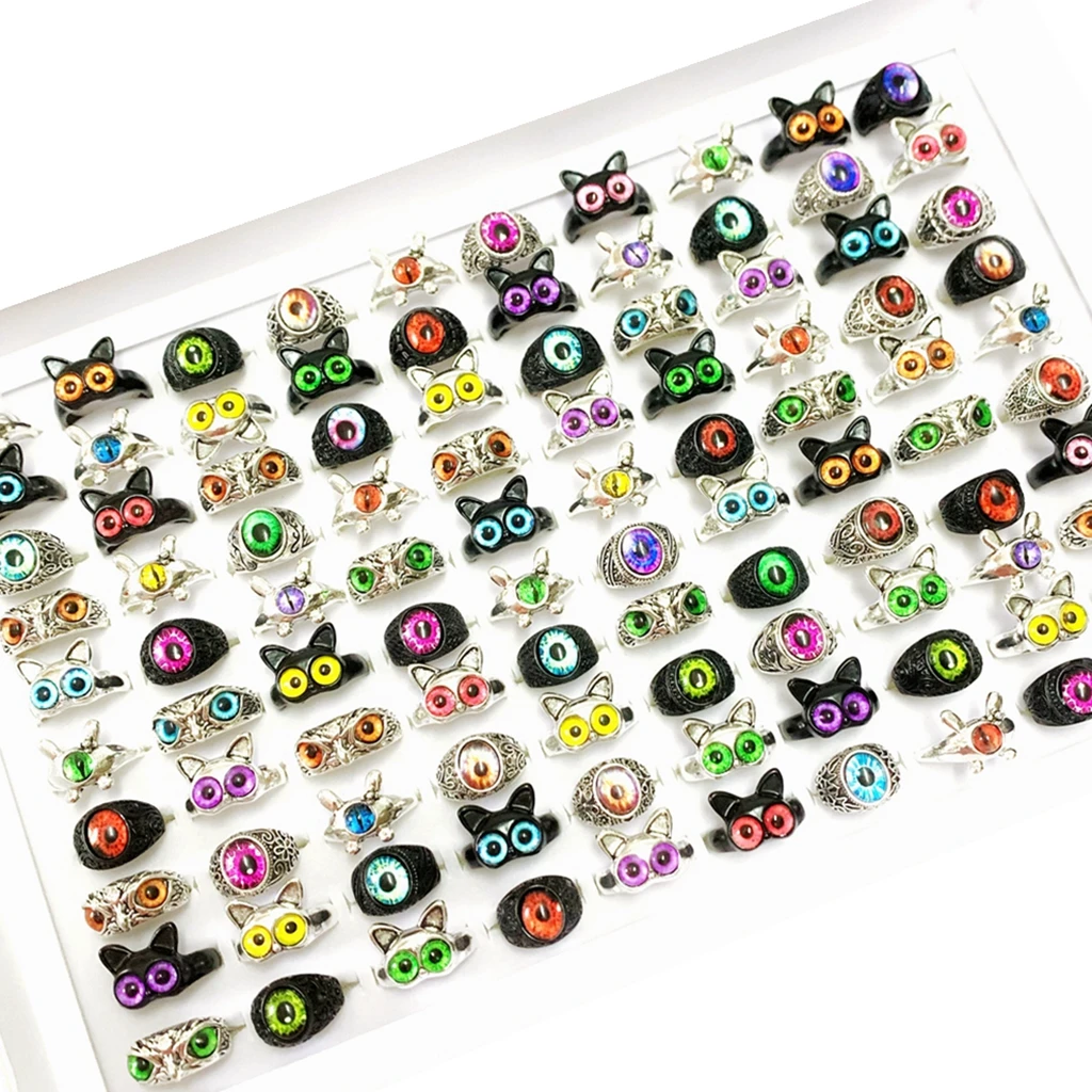 القوطية الحيوان Vintage خواتم للنساء ، معدن مطلي ، حجر ملون ، القط ، البومة ، عين الشر ، مجوهرات الطرف ، مزيج نمط ، لطيف ، 12 قطعة ، مجموعة #1