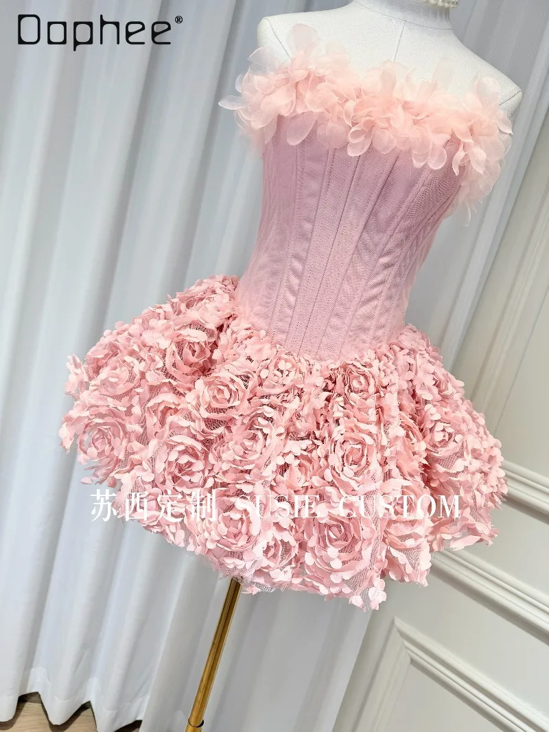 High-end French Sweet Princess Flower Fishbone Strapless Multi-layer Puff Dress French Elegant Socialite Birthday Evening Dress