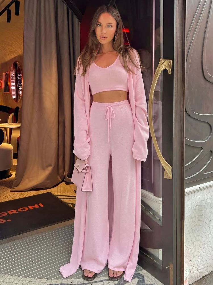 BKQU Solid Knitted 3 Piece Set Women Long Cardigan+Sling Vest+Drawstring Wide Leg Pants Matching Suit Casual Lazy Autumn Outfits
