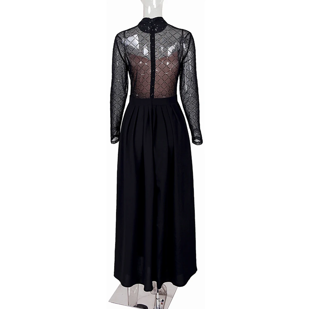 Elegant Lace Embroidered Maxi Dress with High Neckline and Sheer Sleeves for Women Vintage Style Evening Gown for Formal