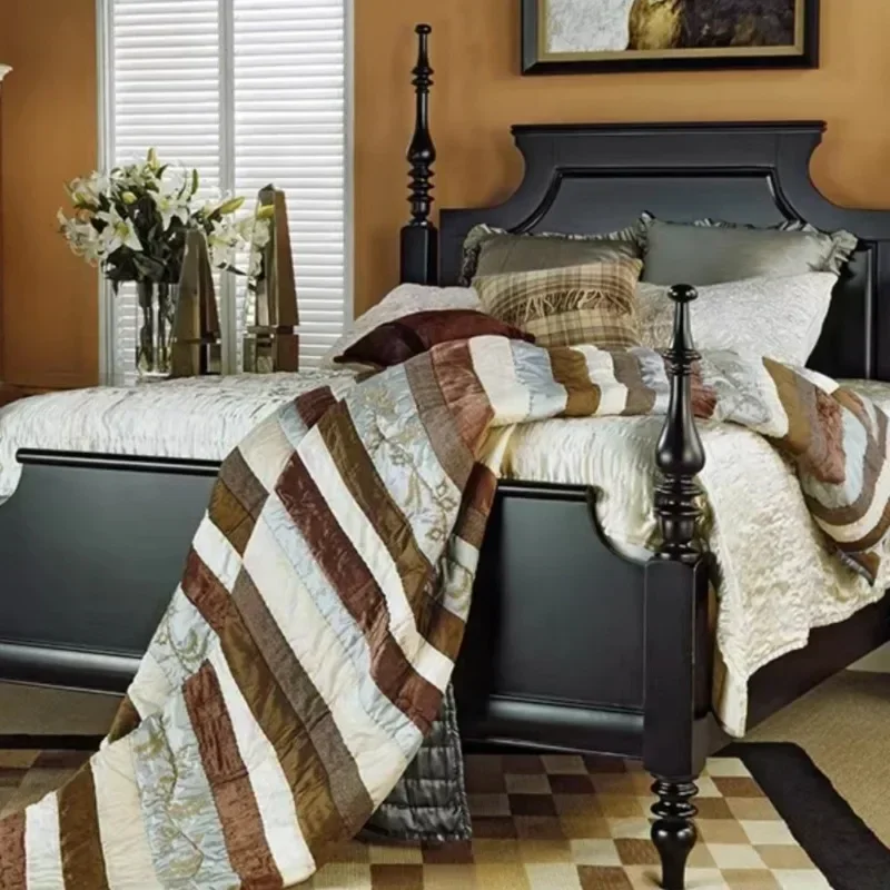 

Meijia full solid wood bed French retro simple hand-painted double master bedroom furniture black high-end pillar wedding bed