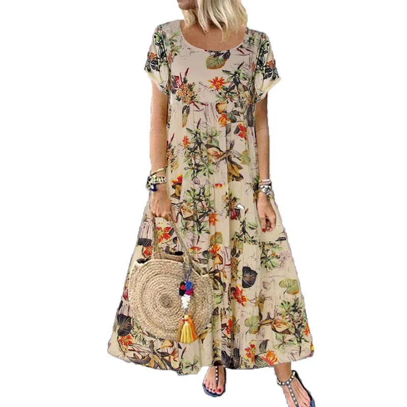 Vestido largo con estampado Floral para verano, traje holgado de manga corta con cuello redondo, estilo Retro bohemio, para fiesta y playa