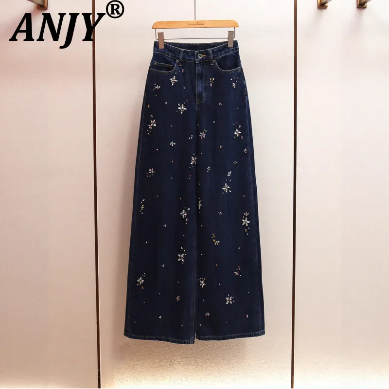 

ANJY Autumn Winter New Women French High-End Casual Heavy Embellished Diamond Jeans Ins Fashion A-Line Washed Denim Pants A13241
