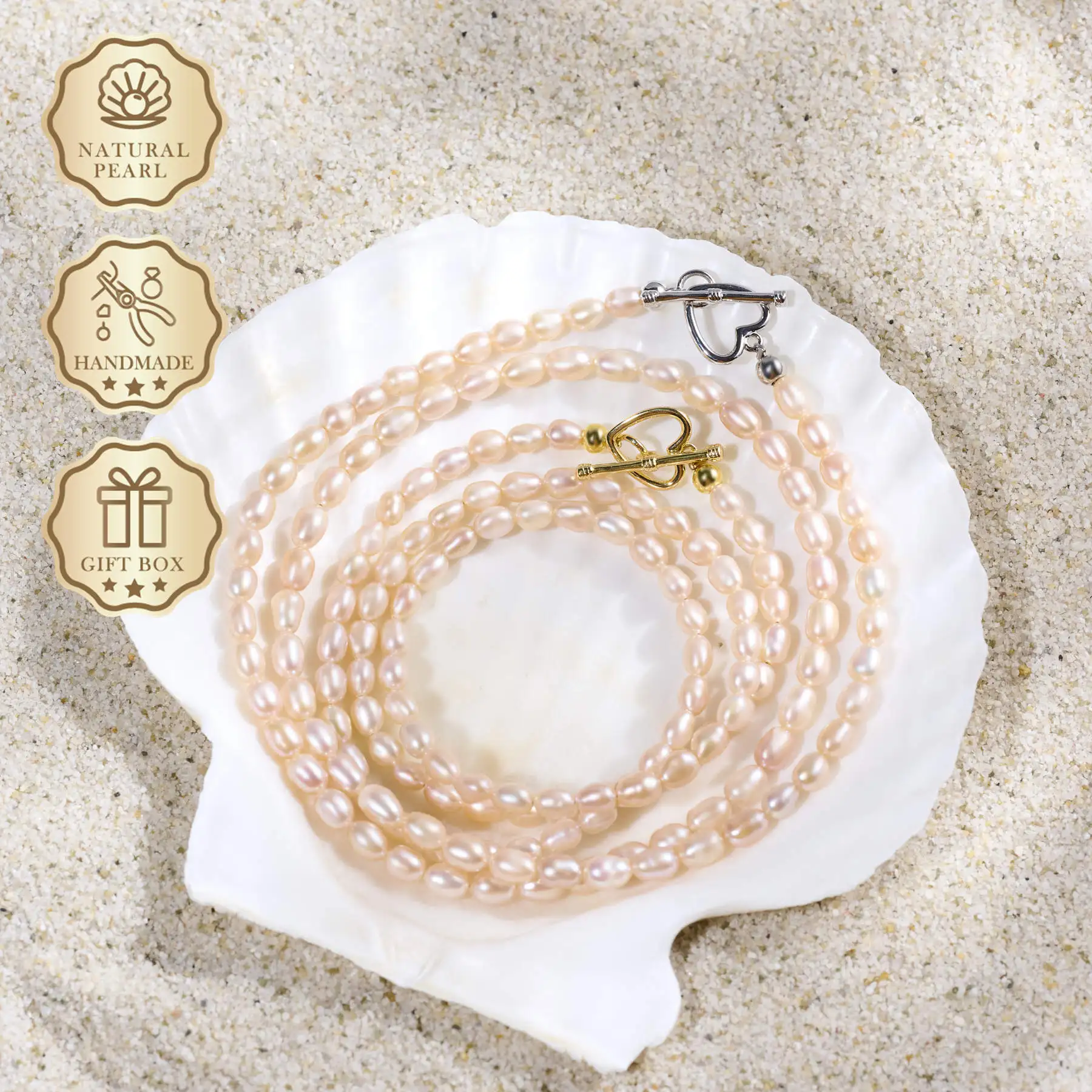 

MYSOYA Natural Pink Rice Freshwater Pearl Necklace, 6–7mm Pearls with Gold or Silver Heart Clasp, Gift Box, Birthday Gift