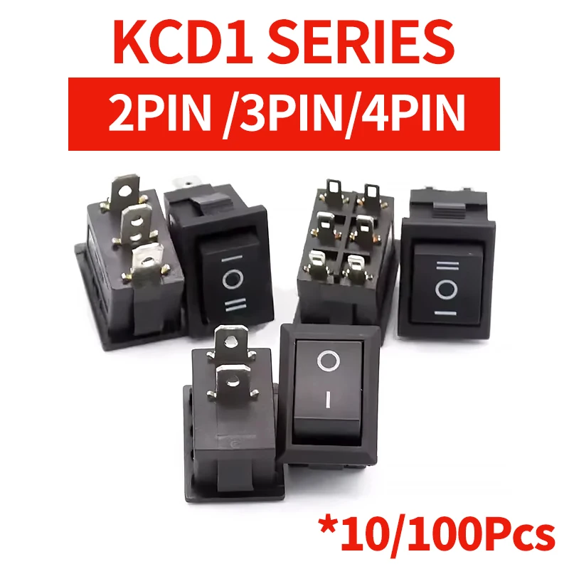 10/100 Pcs 2/3/4 Pin KCD1 Rocker Switch - 15*21mm, 6A 250V AC/10A 125V AC, ON-OFF, with Red Green Light
