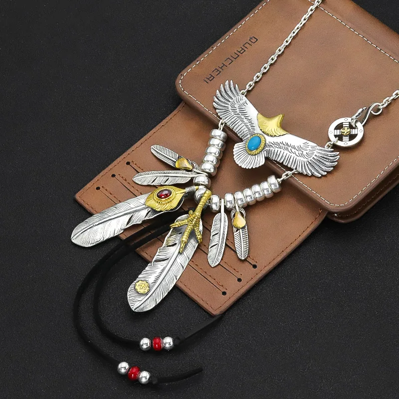 

Pure 100% 925 sterling silver Takahashi Thai silver red glass beads deerskin rope necklace flying eagle brass eagle claw pendant