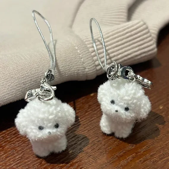 Resin flocking cute powder blusher dog mobile phone pendant lovers pendant bag pendant mobile phone chain