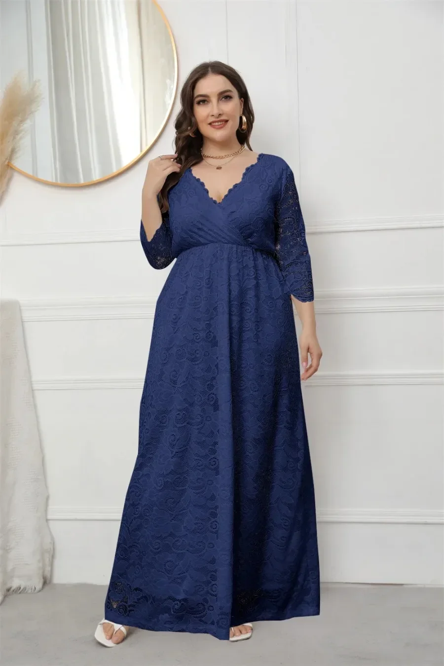 Plus Size 3/4 Sleeve V Neck Elegant Bridesmaid Wedding Contrast Lace Dresses For Women