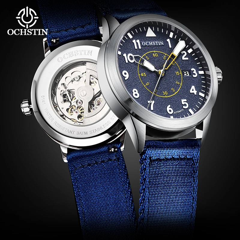 OCHSTIN Man Mechanical Pilot Wrist Watches Luxury Self Wind Nylon Mechanic Male Clock Auto Date Relogio Masculino Gift for Men