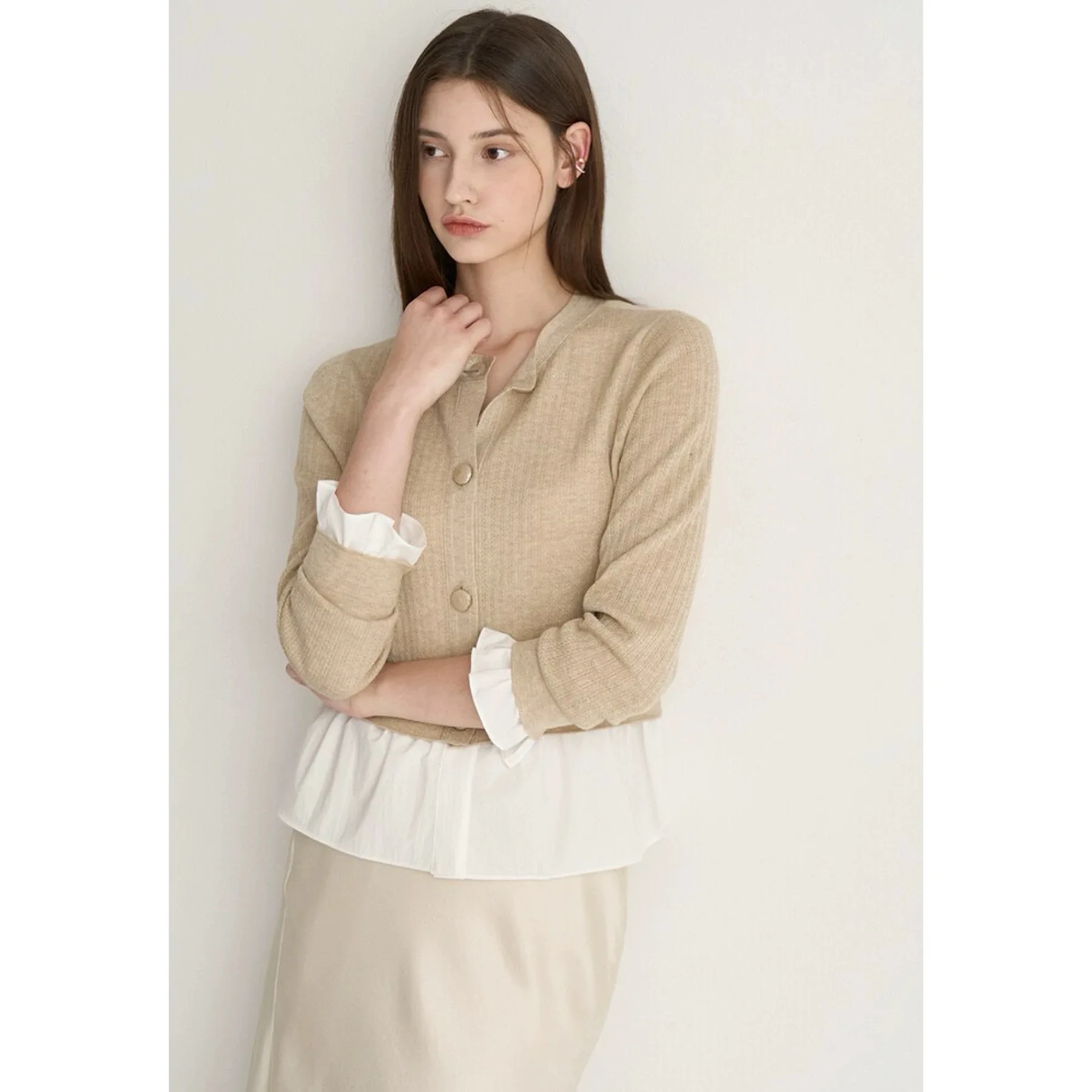 

Lemon Cheese MI N25 Autumn Knitted Patchwork irt round Ne Striped Cotton Blend Long Sve Button up Casual Women's Top