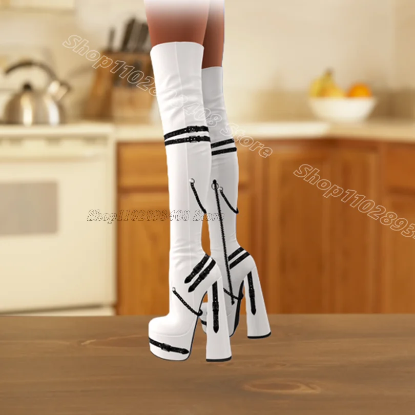 

White Chain Punk Style Boots Chunky Heels Solid British Style Side Zipper for Women Dress Over Knee Boots Zapatos Para Mujere