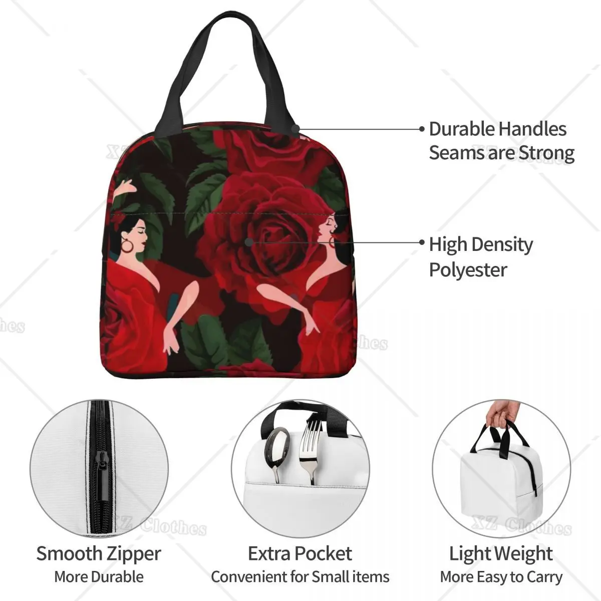 Flamenco Dance Dancer borsa termica per il pranzo per le donne rose Cooler Portable Picnic Lunch Box per il lavoro spagna spagnolo Oxford Tote