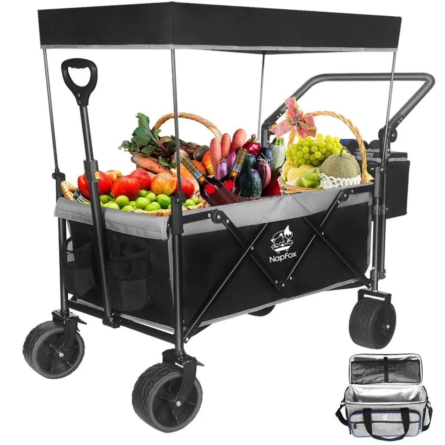 

Collapsible Wagon 140L Wagons Carts Foldable with Removable Canopy Folding Wagon Cart with Wheels for AllTerrain with Brake Fol