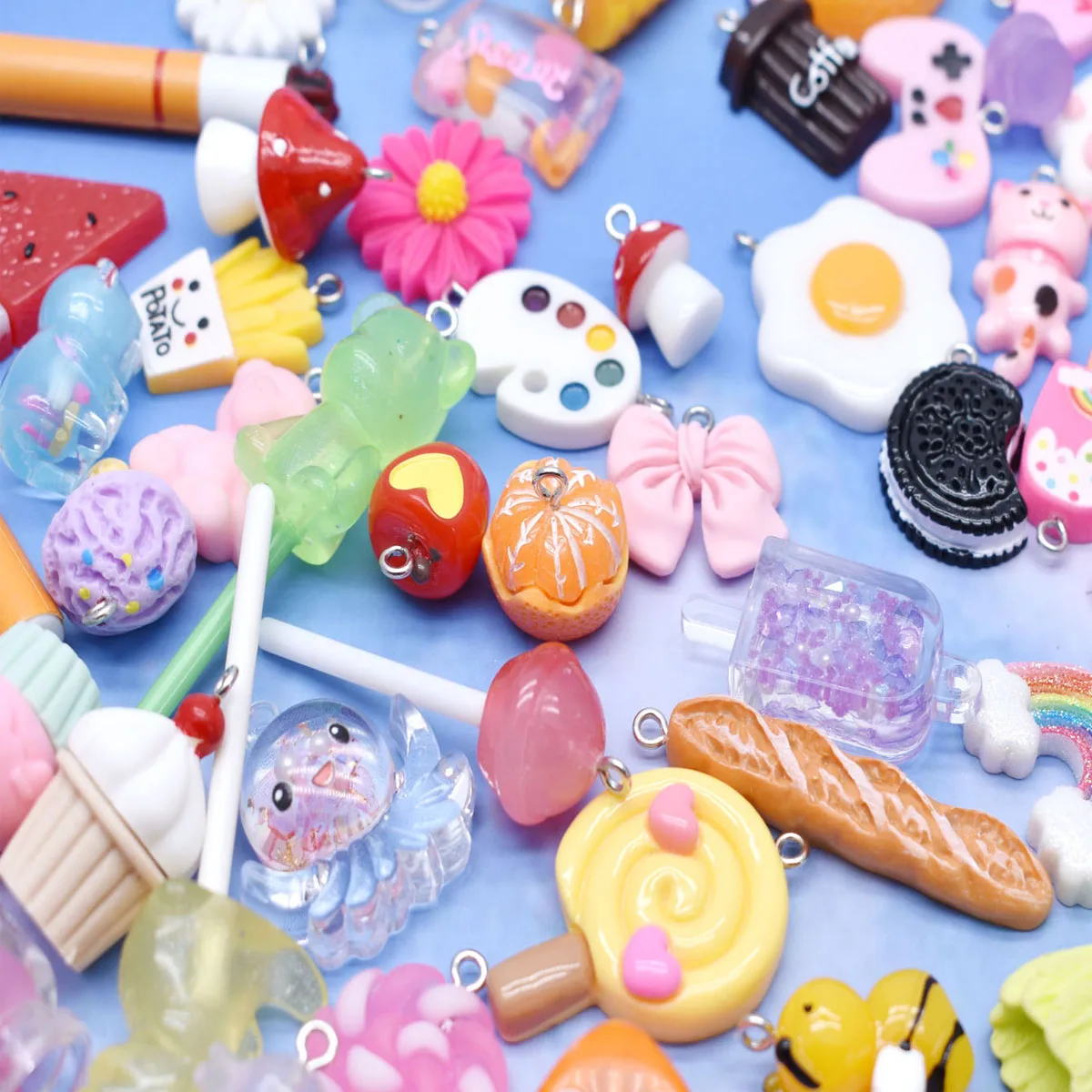 10pcs Random Simulation Cartoon Cute Colorful Fruits Lollipops Animals Drinks Charms DIY Handmade Jewelry For Earring Necklace