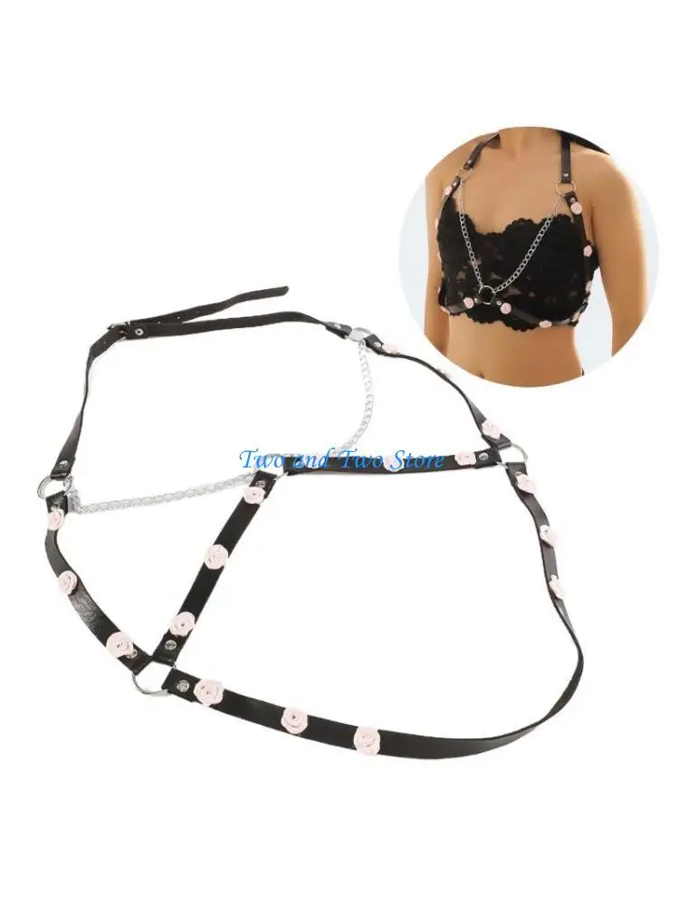 

HX6F Stylish with Flower Bra Chain PU Garter Sexy Lingerie Boay Chain Woman Bra Chest Chain