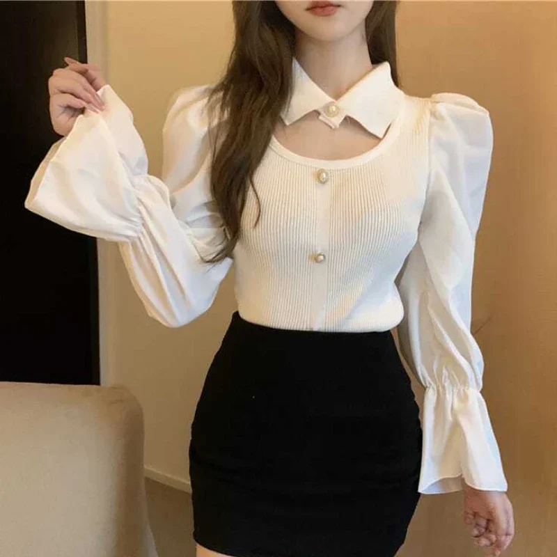 Camicette da donna moda autunnale impiombate elegante principessa manica a sbuffo femminile versatile chic scava fuori designer stile coreano tenero