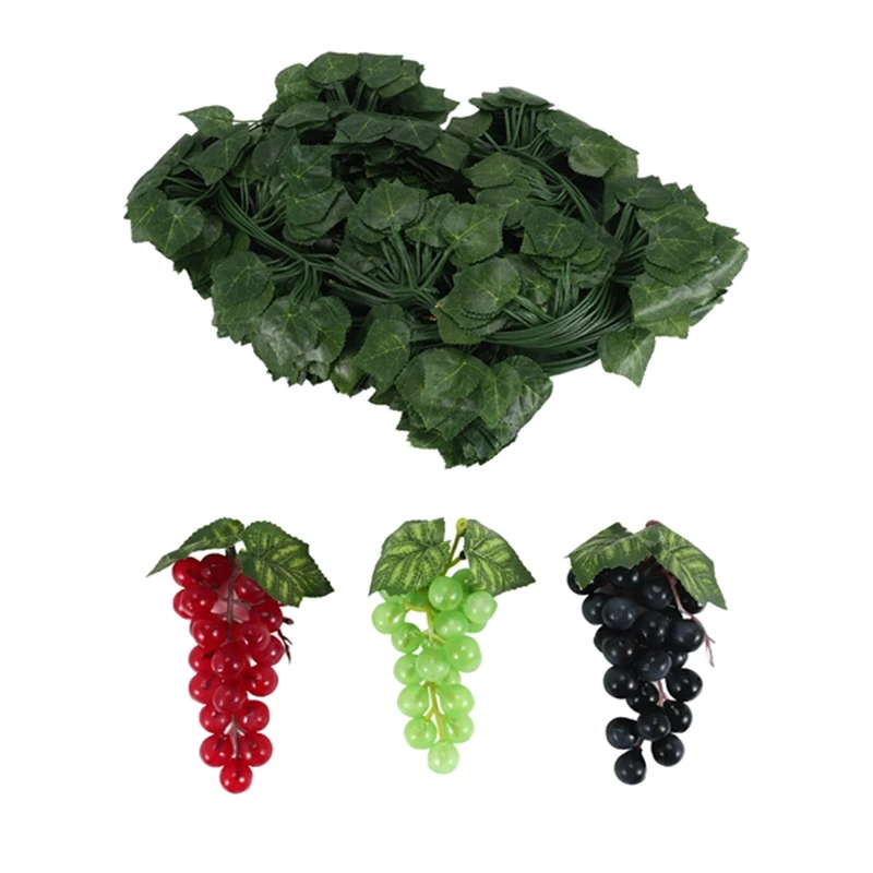 A25F-12 Strands Artificial Fake Grape Vines Ivy Leaves With 3 Strings Grapes For Wedding Party Home Wall Decoration