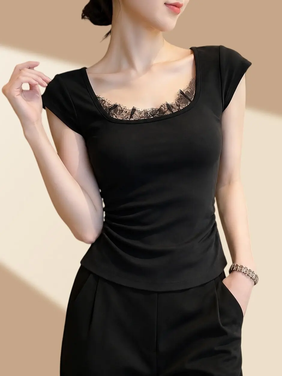 Summer Slimming Lace Splice Short Sleeve T-Shirt Women's French Style Breathable Skin-Friendly U-Neckline Gathered Waist Design