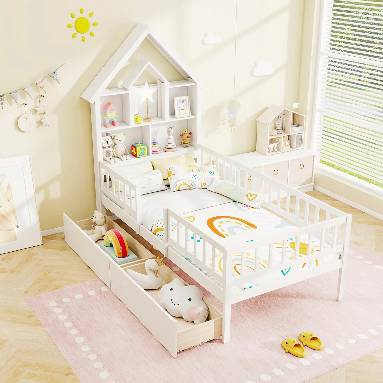 Letto per casa doppia con 2 cassetti Letto Montessori per bambini con testiera portaoggetti