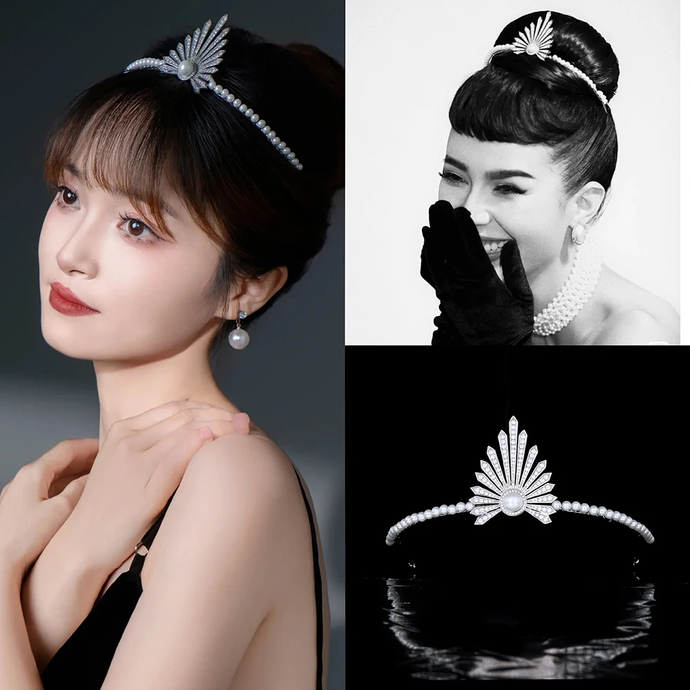 Himstory Russian Royal Simple Pearl Headdress Personalized Zircon Bride Wedding Tiaras Birthday Party Event Princess Hairband
