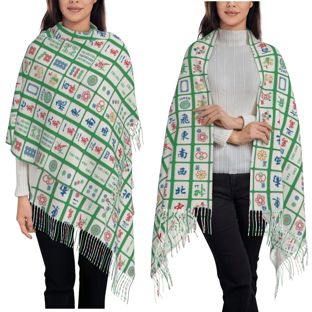 

Mahjong Tiles On Green Scarf Tassel Scarves Women Soft Warm Shawls and Wraps Long Fall Winter Shawl Wrap