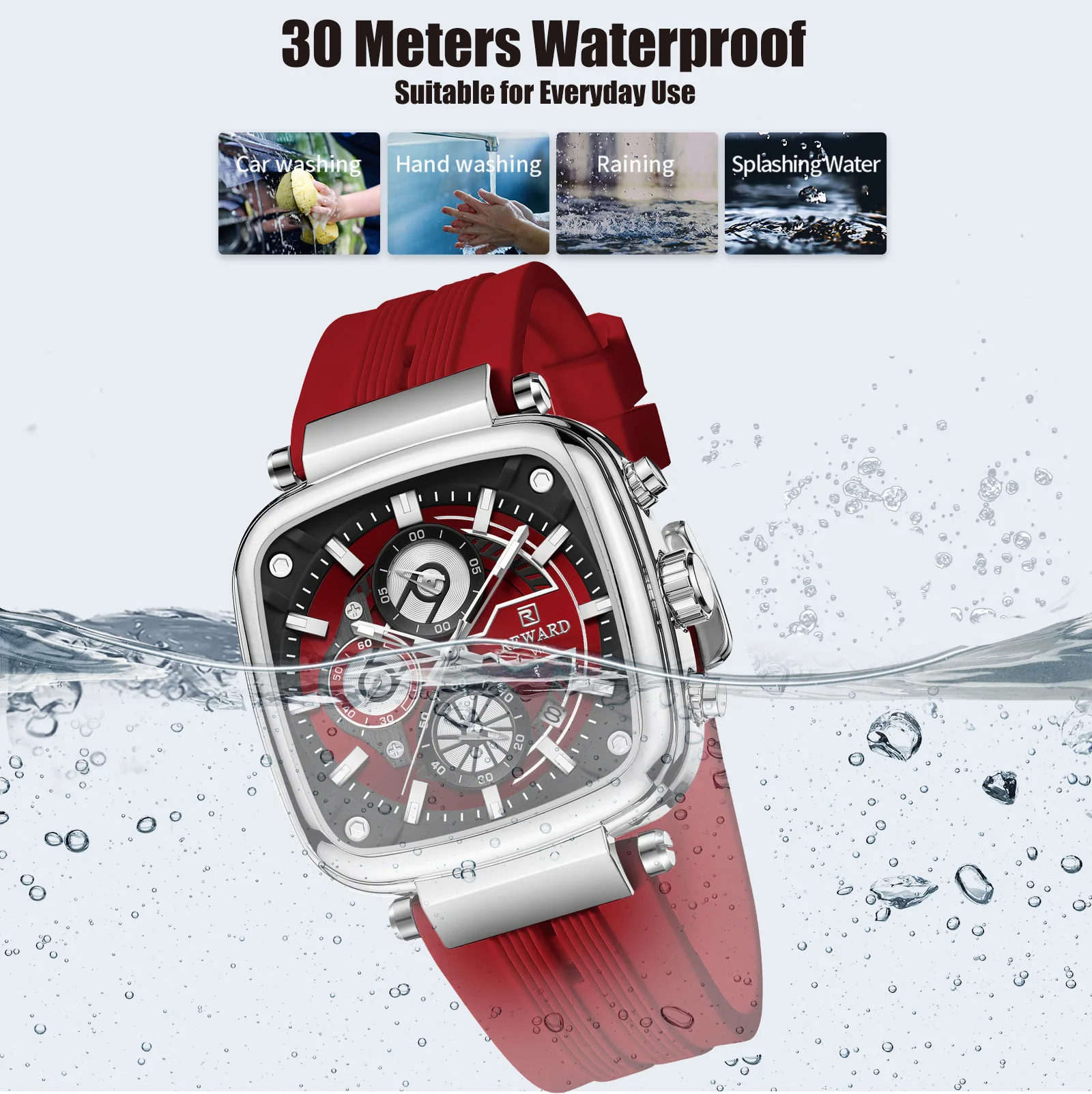 REWARD Casual Sport Quartz Man Watch Top Brand Luxury Red Watches Fashion Clock Man Silicone Strap
