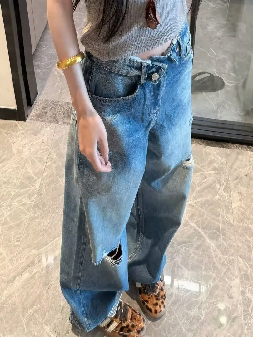 Ripped Straight Leg Jeans Women's plus Size Slimming Cuffed Summer Pear Shaped Body Hiding Dad's Loose Fit Medium Stretch