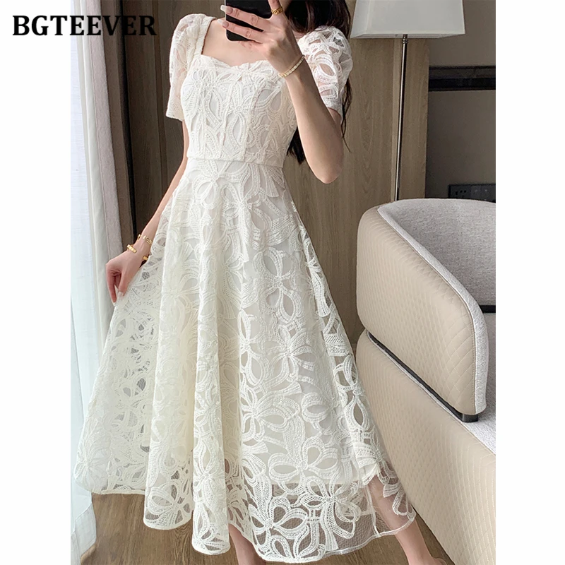 BGTEEVER Vintage Square Collar Female A-line Dress Summer Elegant Short Sleeve Women Lace Dress Ladies Vestidos