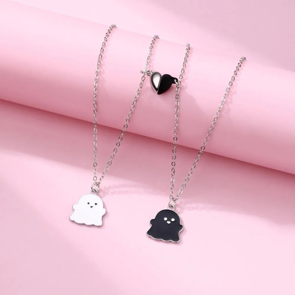 Lovecryst 2Pcs/set Cute Black and White Ghost Magnet Best Friend Necklace for Girls BFF Friendship Jewelry Gift